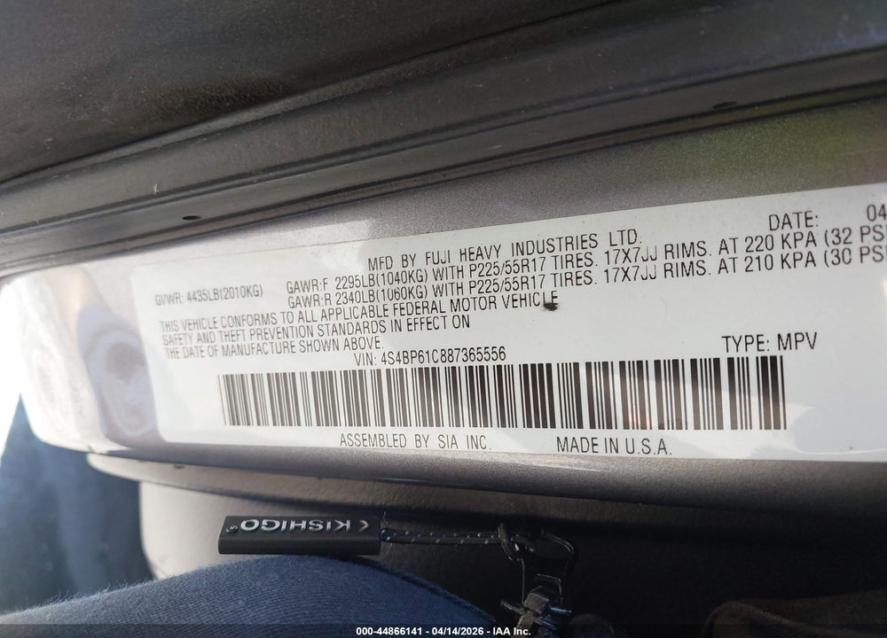 2008 SUBARU OUTBACK 2.5I/2.5I L.L. BEAN EDITION VIN: 4S4BP61C887365556