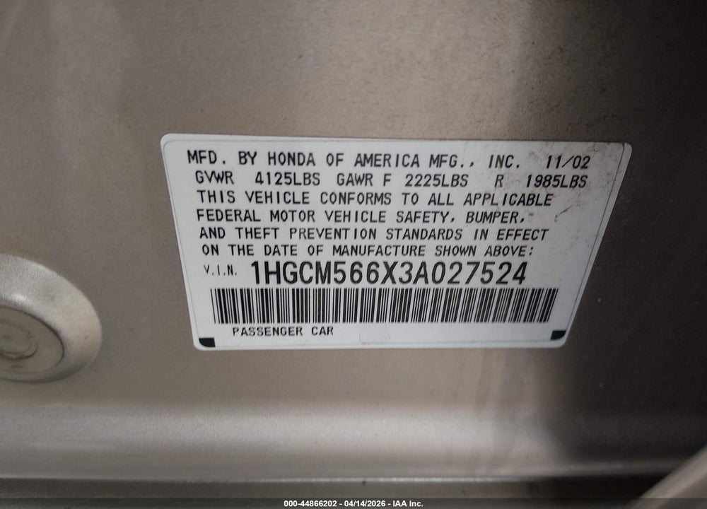 2003 HONDA ACCORD 2.4 EX VIN: 1HGCM566X3A027524
