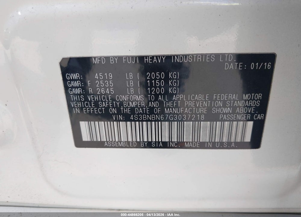 2016 SUBARU LEGACY 2.5I LIMITED VIN: 4S3BNBN67G3037218