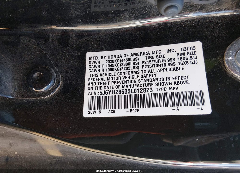 2005 HONDA ELEMENT EX VIN: 5J6YH28635L012823