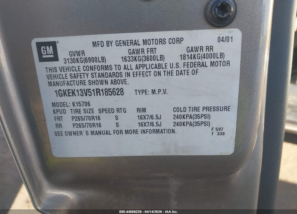 2001 GMC YUKON SLE VIN: 1GKEK13V51R185628