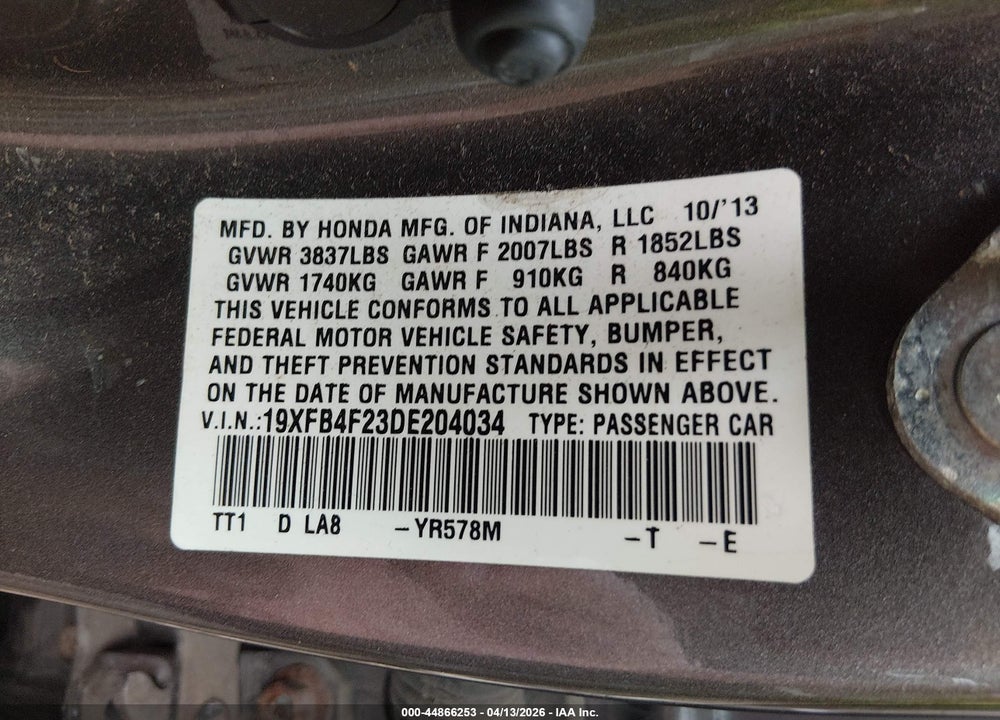 2013 HONDA CIVIC HYBRID VIN: 19XFB4F23DE204034