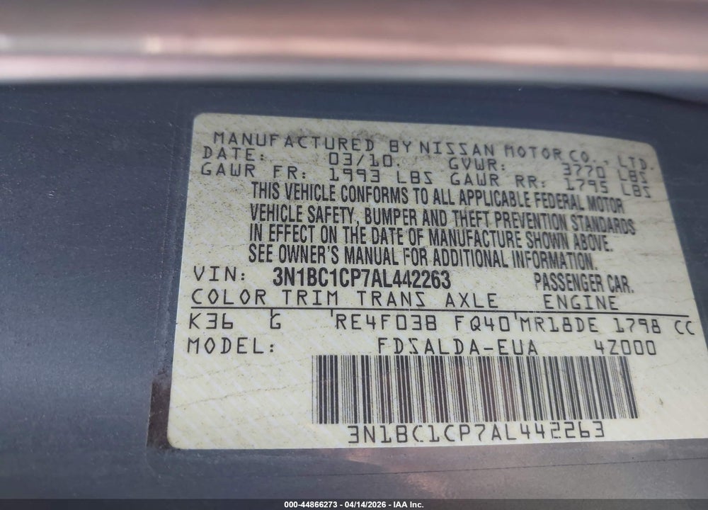 2010 NISSAN VERSA 1.8S VIN: 3N1BC1CP7AL442263