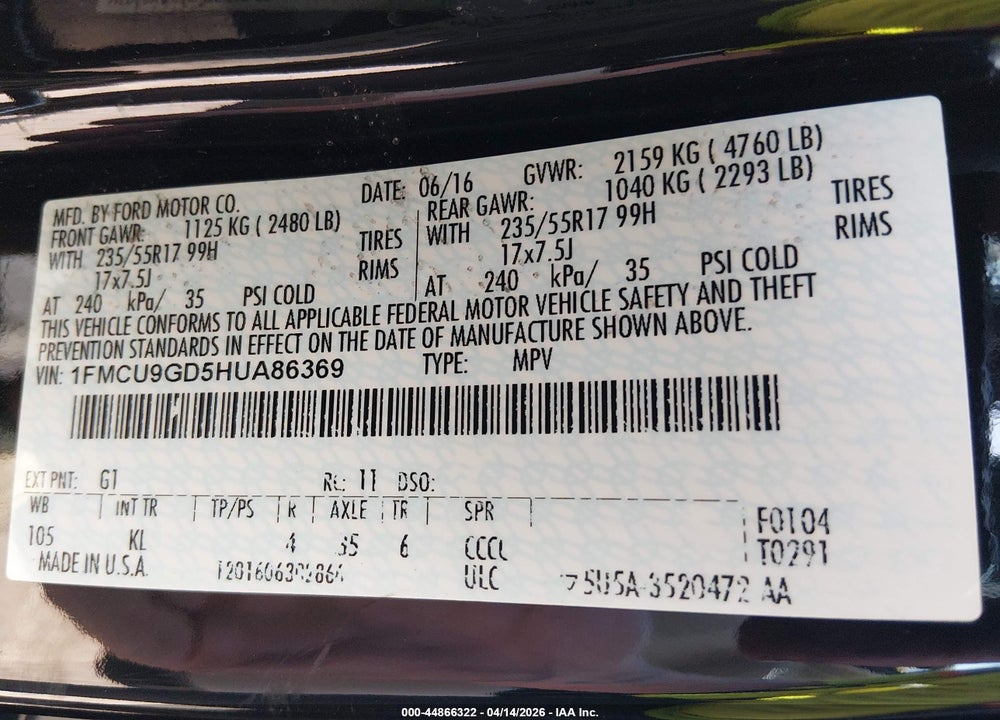 2017 FORD ESCAPE SE VIN: 1FMCU9GD5HUA86369