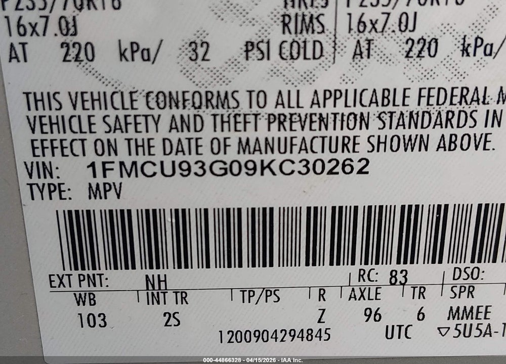 2009 FORD ESCAPE XLT VIN: 1FMCU93G09KC30262