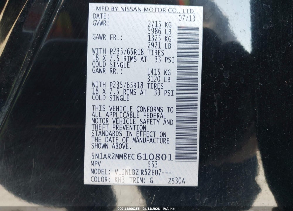 2014 NISSAN PATHFINDER S VIN: 5N1AR2MM8EC610801