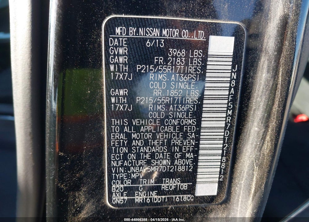 2013 NISSAN JUKE SV VIN: JN8AF5MR7DT218812
