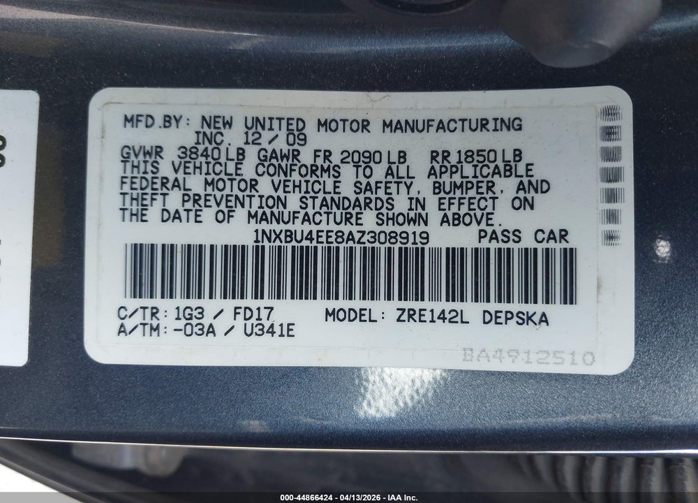 2010 TOYOTA COROLLA S VIN: 1NXBU4EE8AZ308919