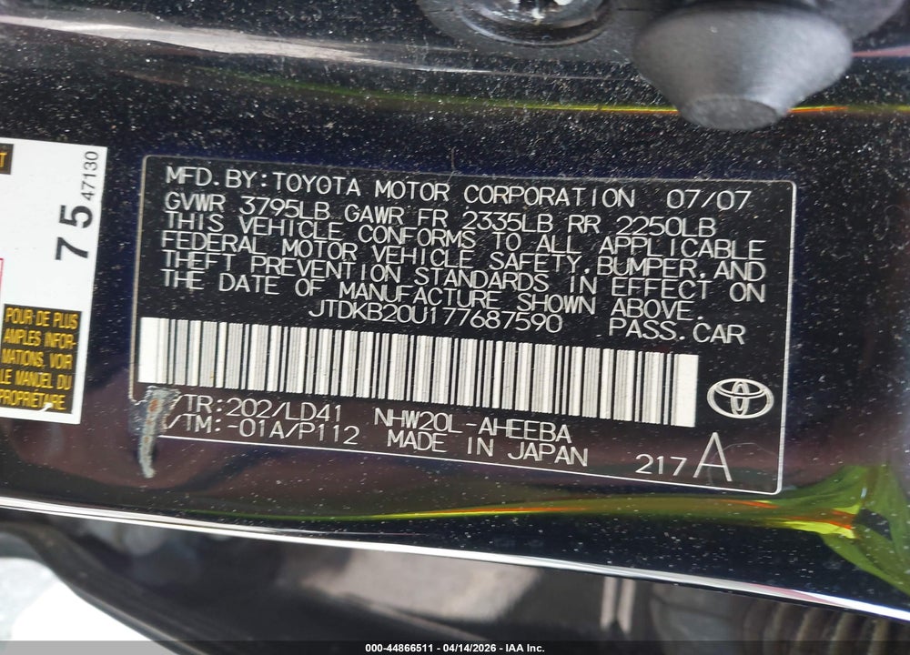 2007 TOYOTA PRIUS VIN: JTDKB20U177687590