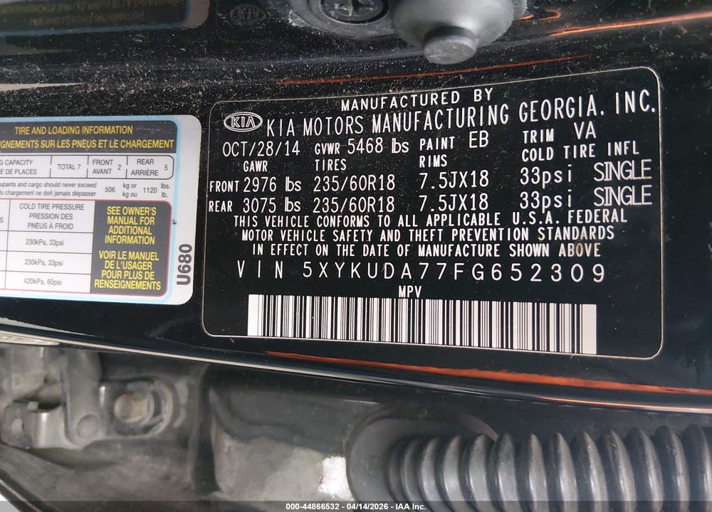 2015 KIA SORENTO EX V6 VIN: 5XYKUDA77FG652309