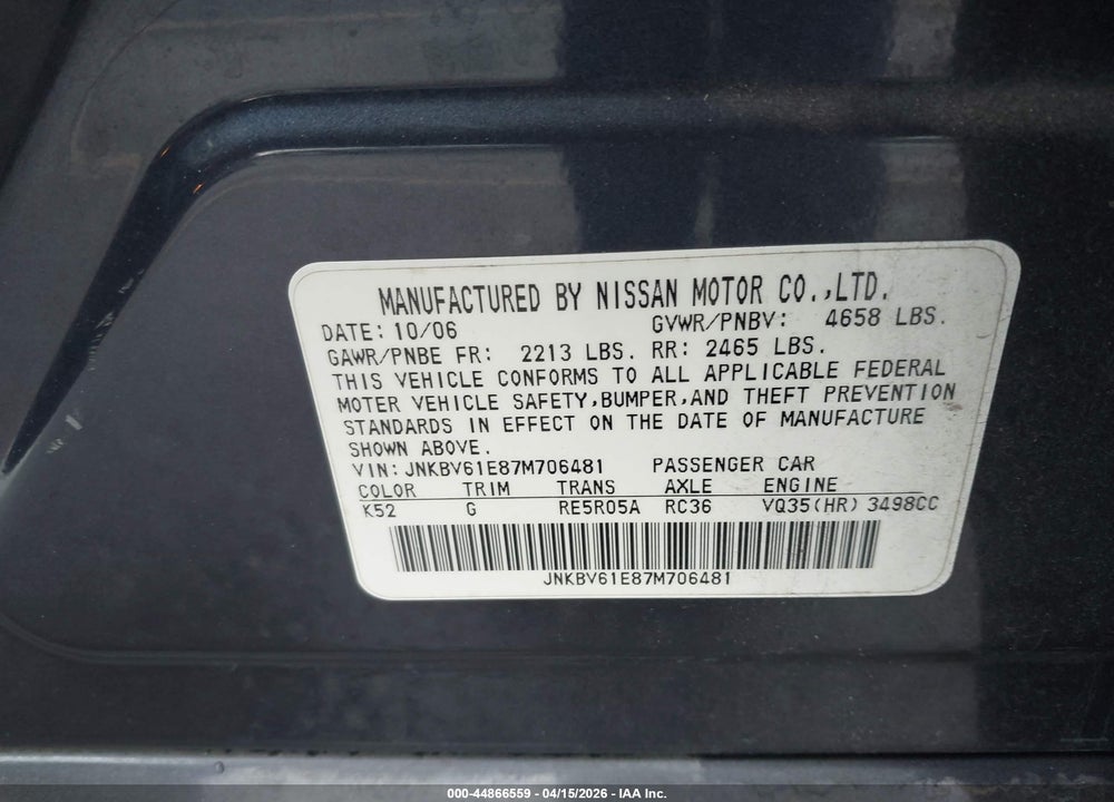 2007 INFINITI G35 JOURNEY VIN: JNKBV61E87M706481