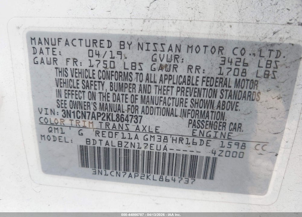 2019 NISSAN VERSA 1.6 SV VIN: 3N1CN7AP2KL864737