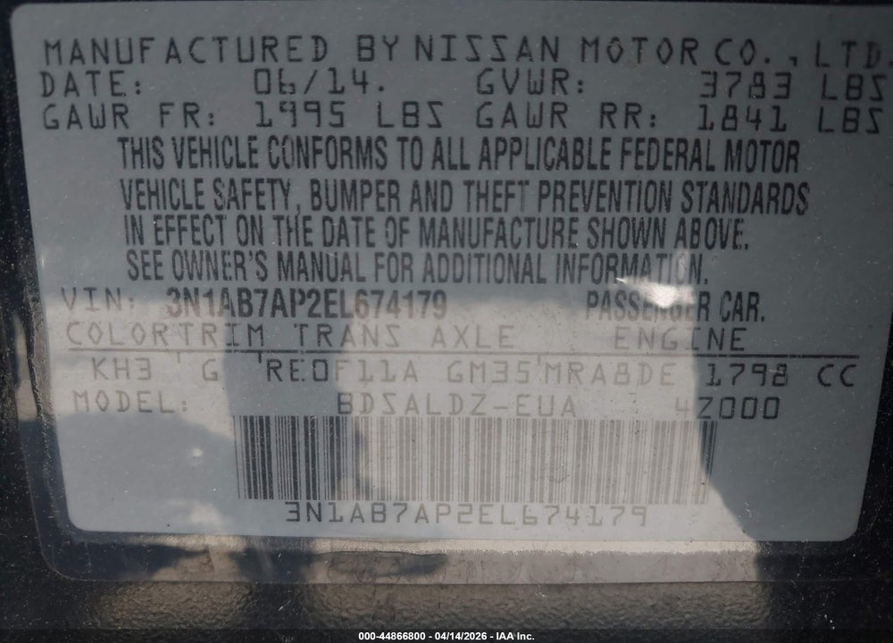 2014 NISSAN SENTRA FE+ S/FE+ SV/S/SL/SR/SV VIN: 3N1AB7AP2EL674179