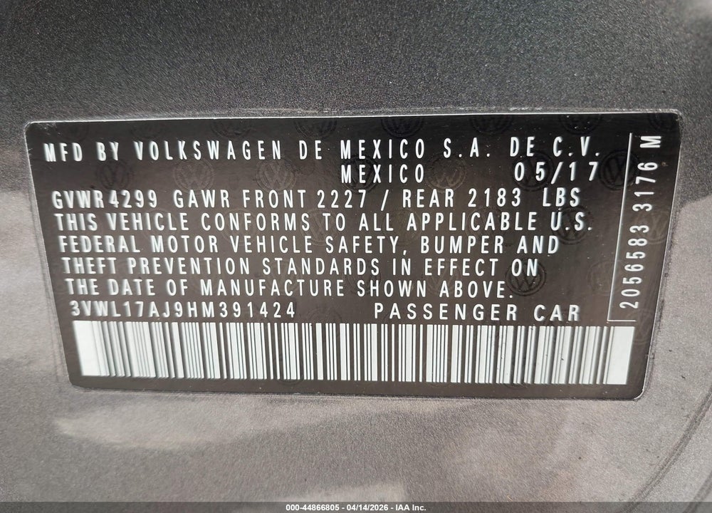 2017 VOLKSWAGEN JETTA 1.8T SEL/1.8T SEL PREMIUM VIN: 3VWL17AJ9HM391424