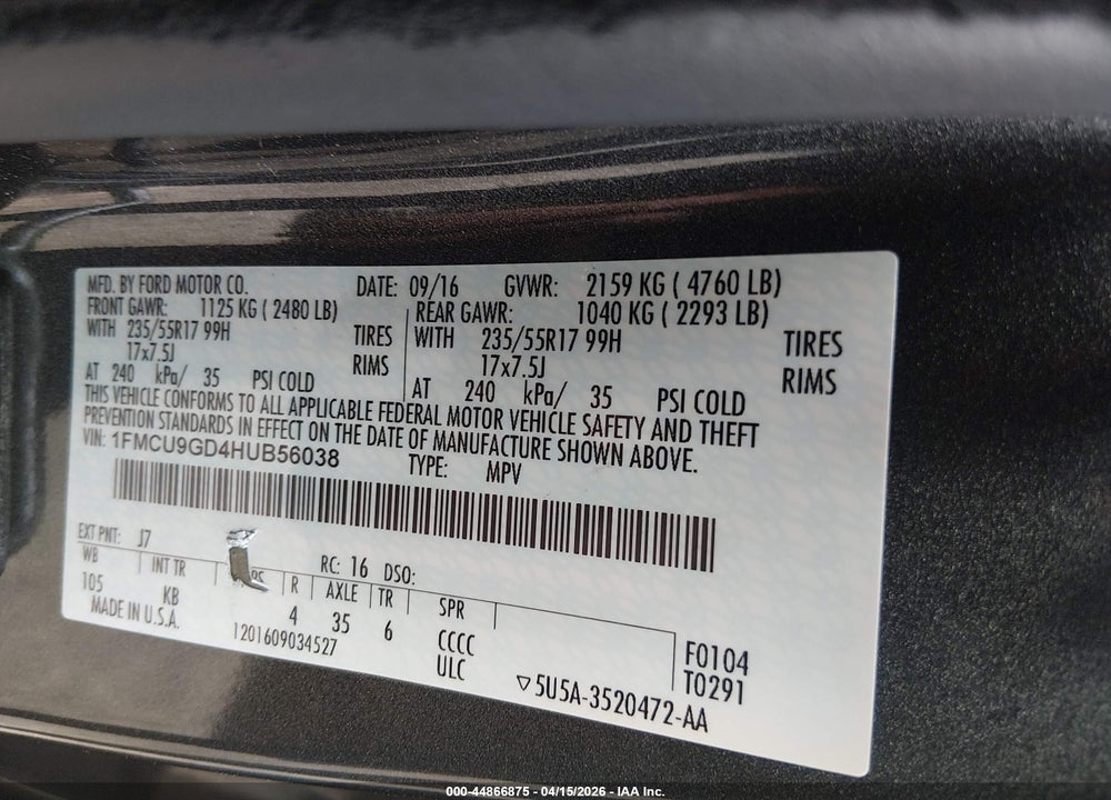 2017 FORD ESCAPE SE VIN: 1FMCU9GD4HUB56038