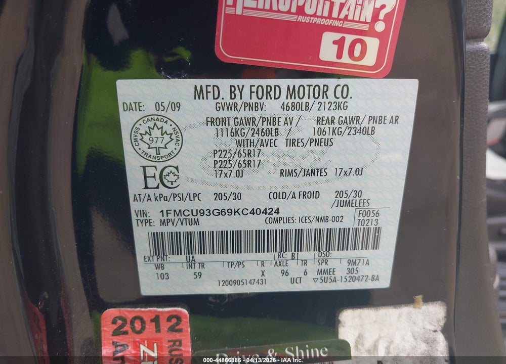2009 FORD ESCAPE XLT VIN: 1FMCU93G69KC40424