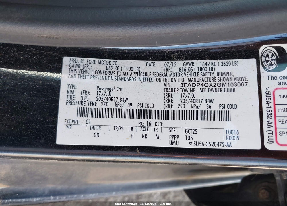 2016 FORD FIESTA ST VIN: 3FADP4GX2GM103067
