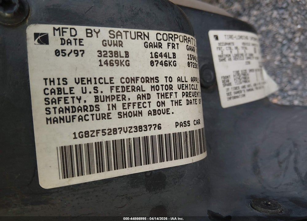 1997 SATURN SL VIN: 1G8ZF5287VZ383776
