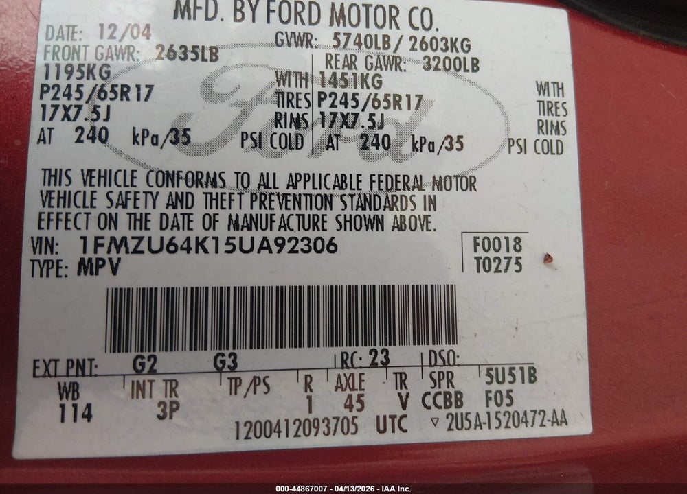 2005 FORD EXPLORER EDDIE BAUER VIN: 1FMZU64K15UA92306
