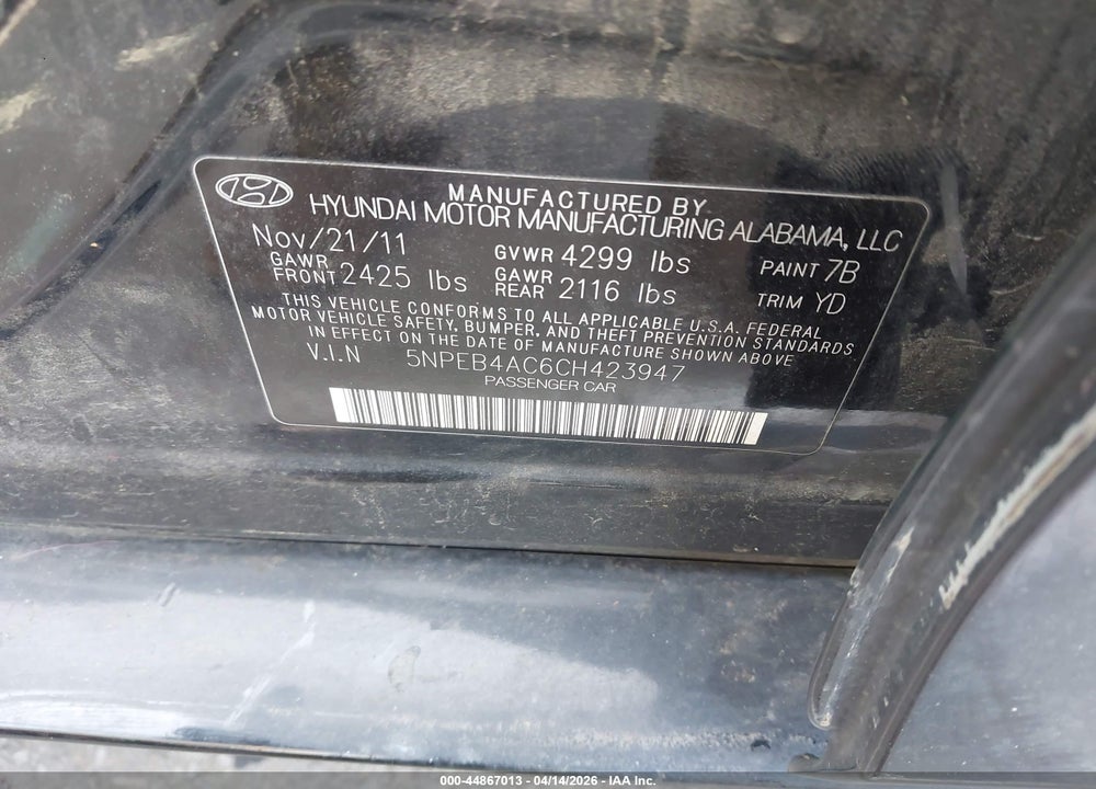 2012 HYUNDAI SONATA GLS VIN: 5NPEB4AC6CH423947
