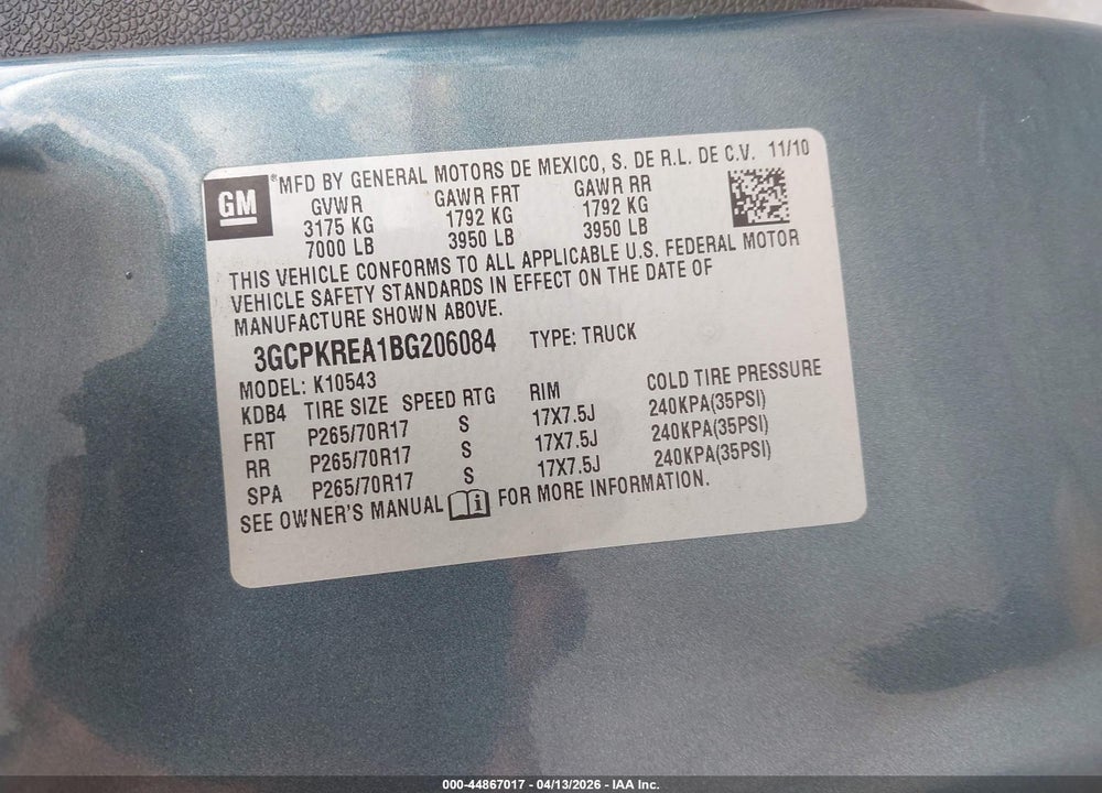 2011 CHEVROLET SILVERADO 1500 LS VIN: 3GCPKREA1BG206084