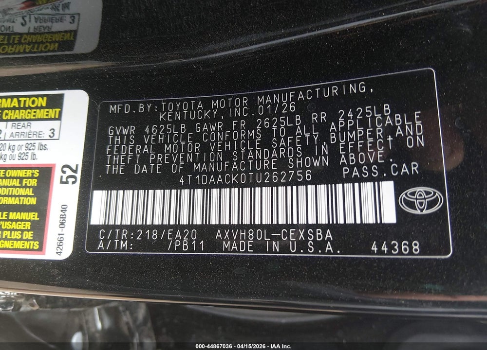 2026 TOYOTA CAMRY SE VIN: 4T1DAACK0TU262756