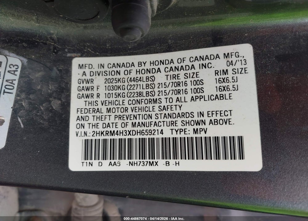 2013 HONDA CR-V LX VIN: 2HKRM4H3XDH659214