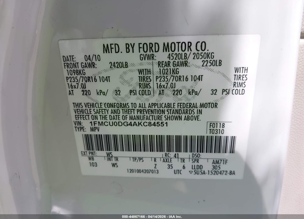 2010 FORD ESCAPE XLT VIN: 1FMCU0DG4AKC84551