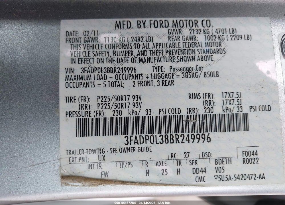 2011 FORD FUSION HYBRID VIN: 3FADP0L38BR249996
