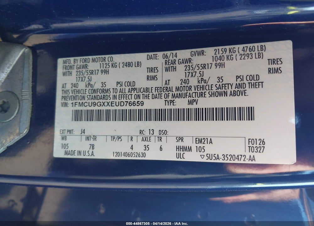 2014 FORD ESCAPE SE VIN: 1FMCU9GXXEUD76659