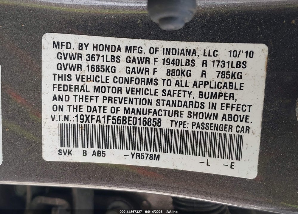 2011 HONDA CIVIC LX VIN: 19XFA1F56BE016858
