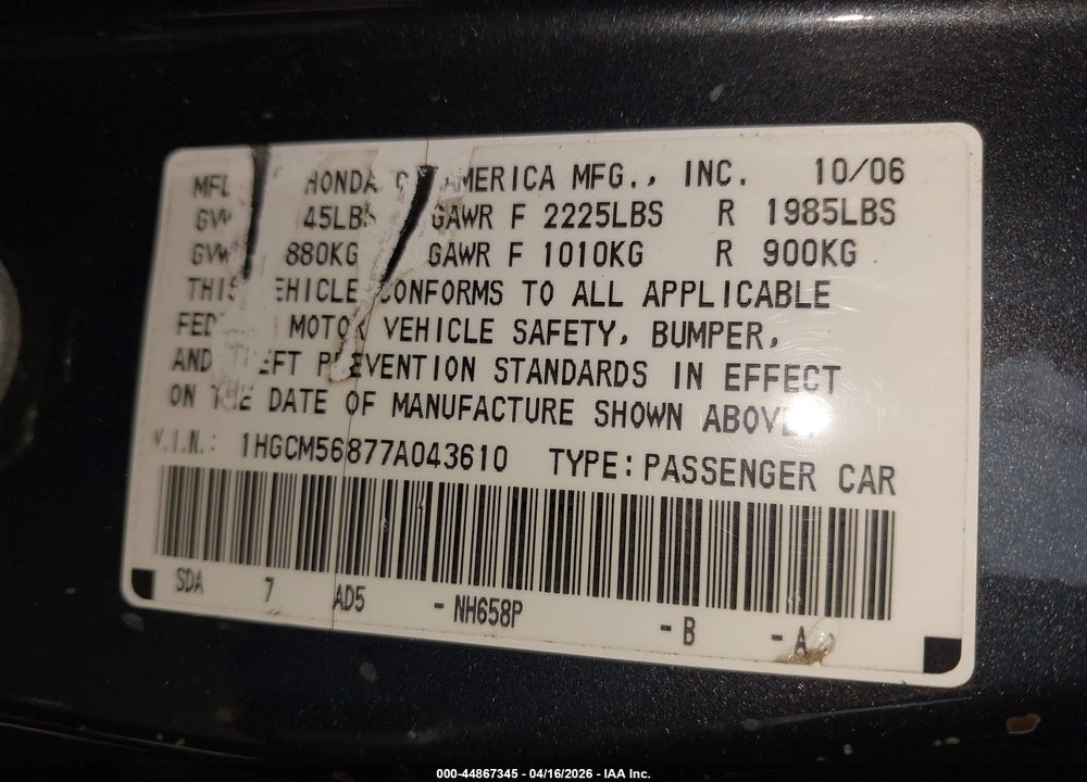2007 HONDA ACCORD 2.4 EX VIN: 1HGCM56877A043610