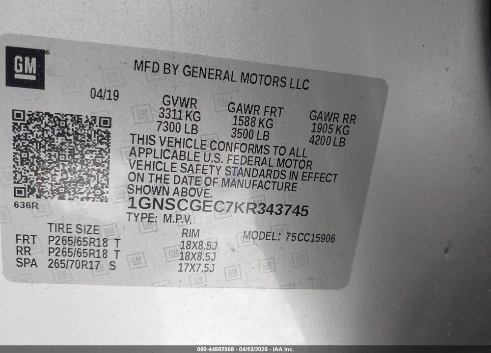 2019 CHEVROLET SUBURBAN LS VIN: 1GNSCGEC7KR343745