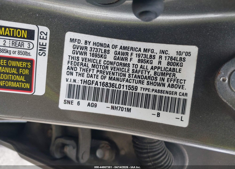 2006 HONDA CIVIC EX VIN: 1HGFA16836L011559