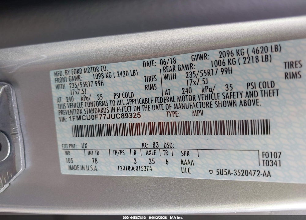 2018 FORD ESCAPE S VIN: 1FMCU0F77JUC89325