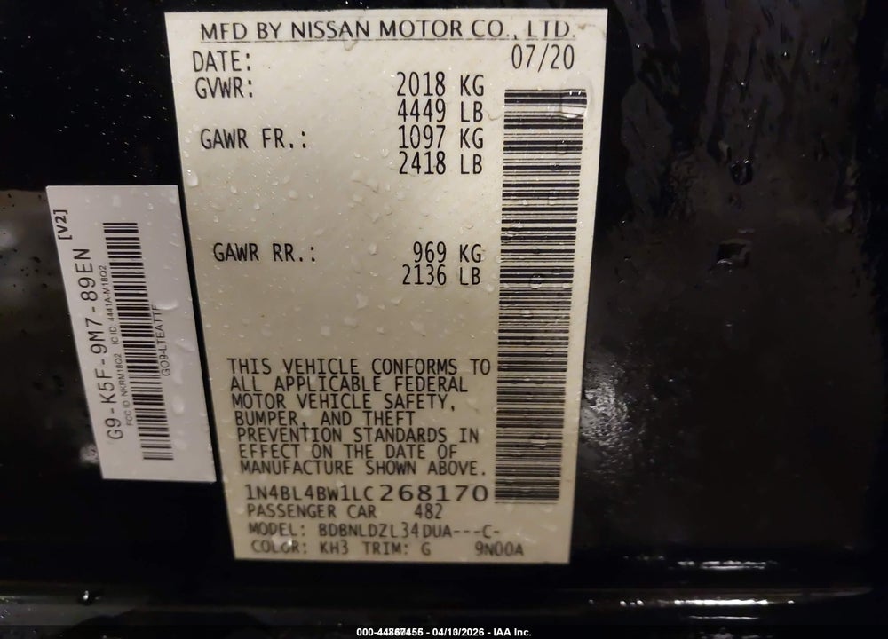 2020 NISSAN ALTIMA S INTELLIGENT AWD VIN: 1N4BL4BW1LC268170