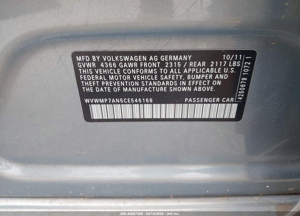 2012 VOLKSWAGEN CC VIN: WVWMP7AN5CE546168