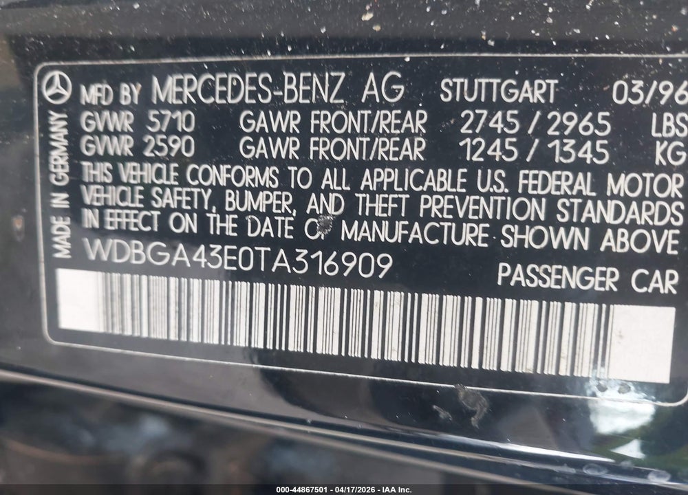 1996 MERCEDES-BENZ S 420 VIN: WDBGA43E0TA316909