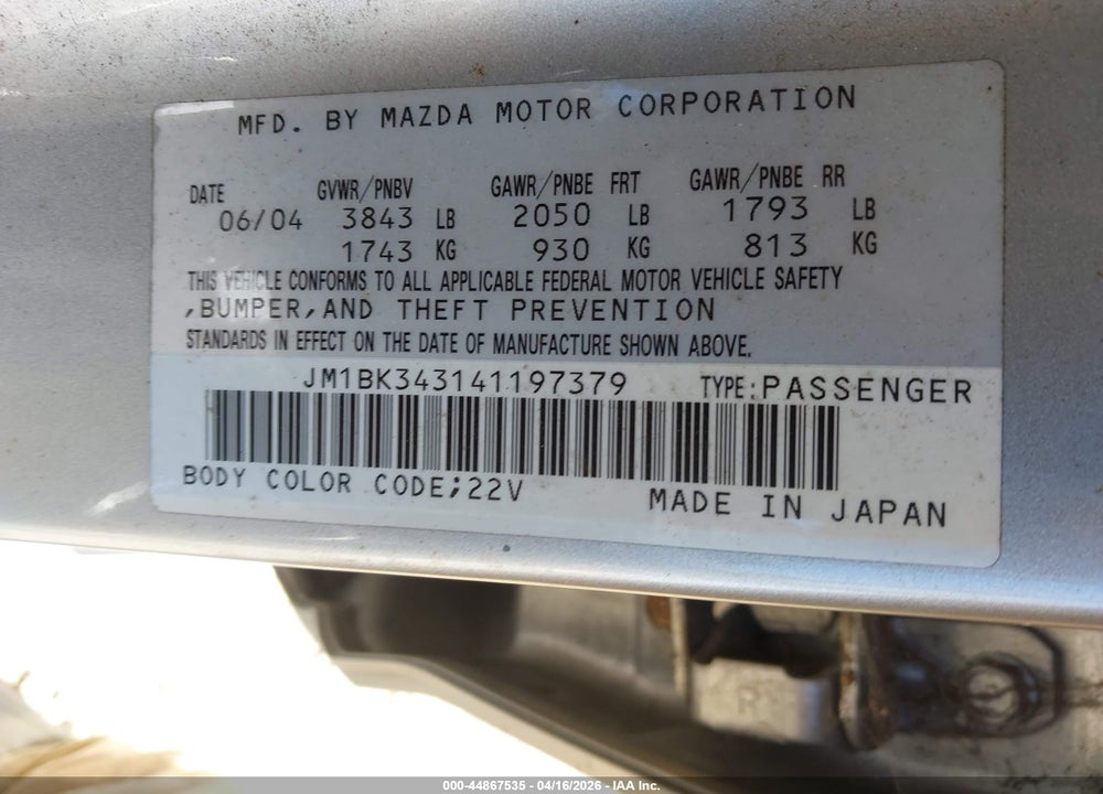 2004 MAZDA 3 S VIN: JM1BK343141197379