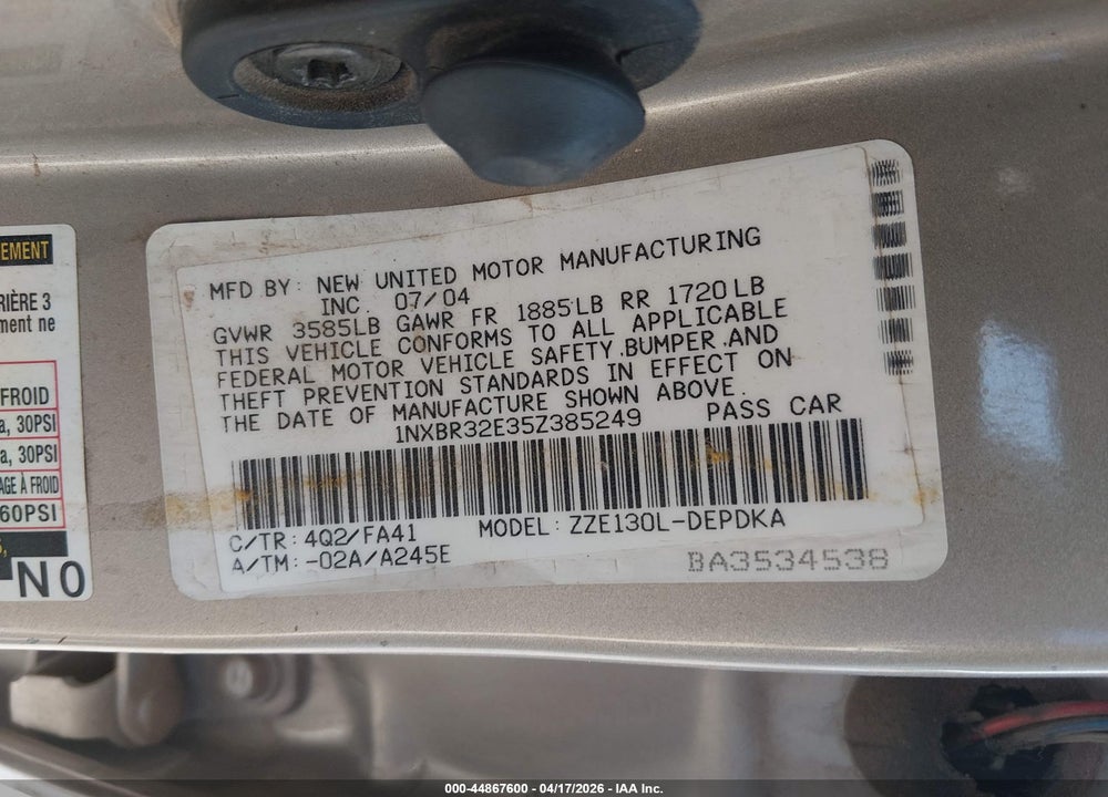 2005 TOYOTA COROLLA CE VIN: 1NXBR32E35Z385249