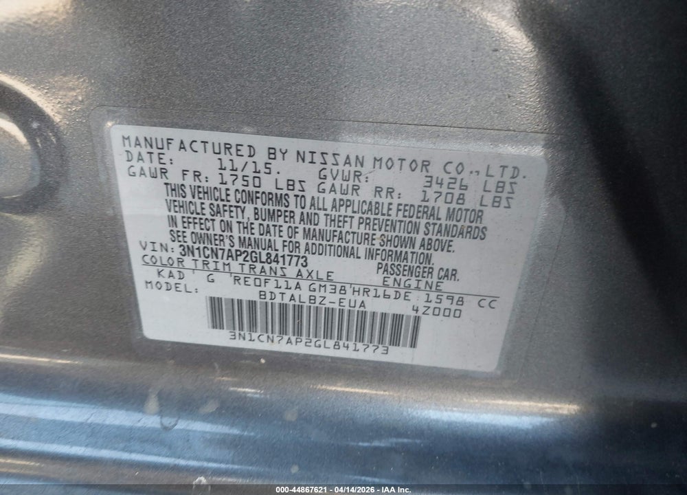 2016 NISSAN VERSA 1.6 S/1.6 S+/1.6 SL/1.6 SV VIN: 3N1CN7AP2GL841773