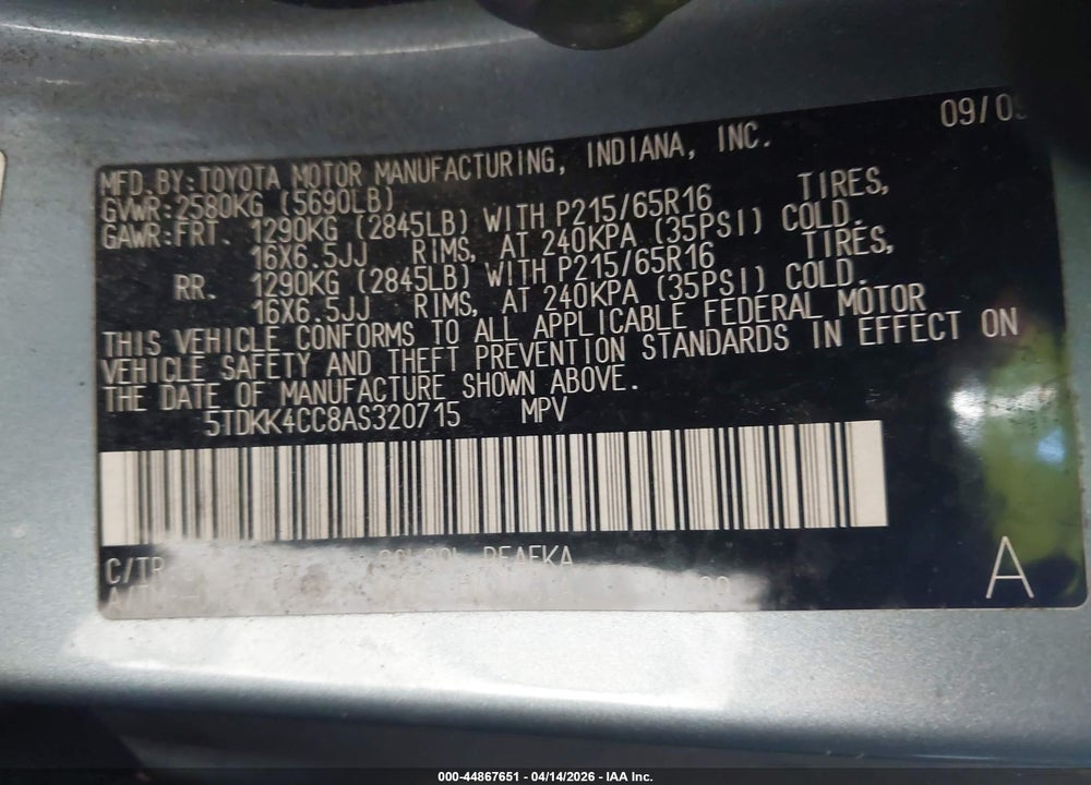 2010 TOYOTA SIENNA LE VIN: 5TDKK4CC8AS320715