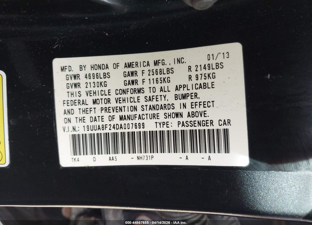 2013 ACURA TL 3.5 VIN: 19UUA8F24DA007699