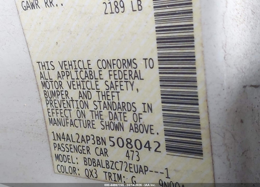 2011 NISSAN ALTIMA 2.5 S VIN: 1N4AL2AP3BN508042