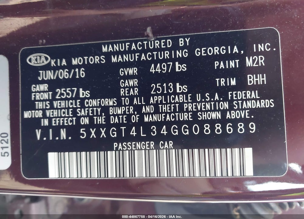 2016 KIA OPTIMA LX VIN: 5XXGT4L34GG088689