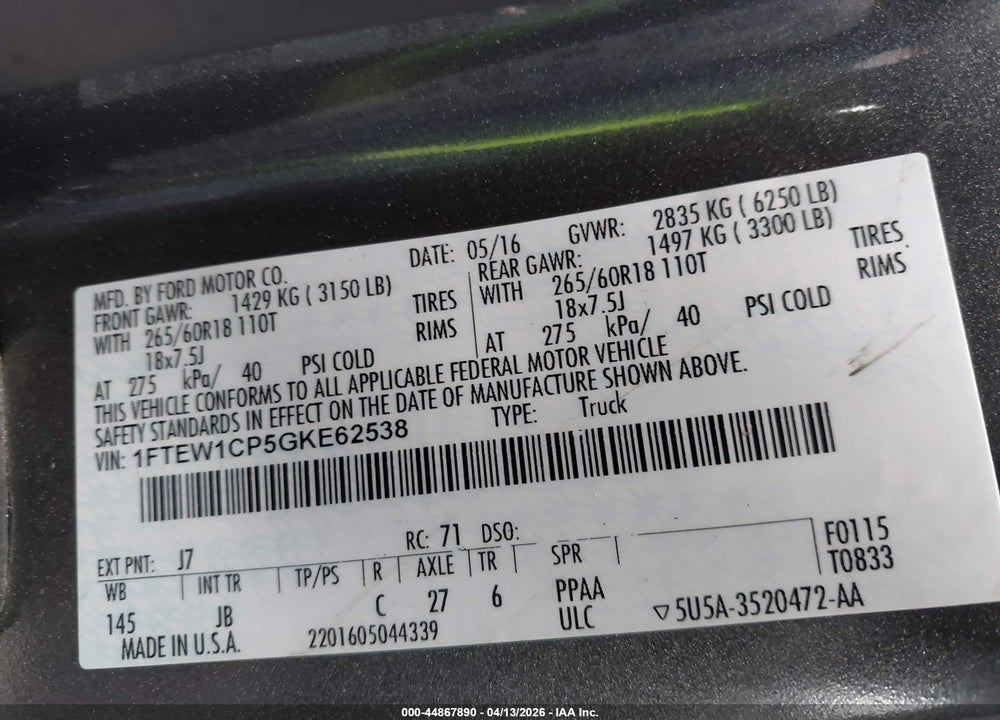 2016 FORD F-150 XLT VIN: 1FTEW1CP5GKE62538