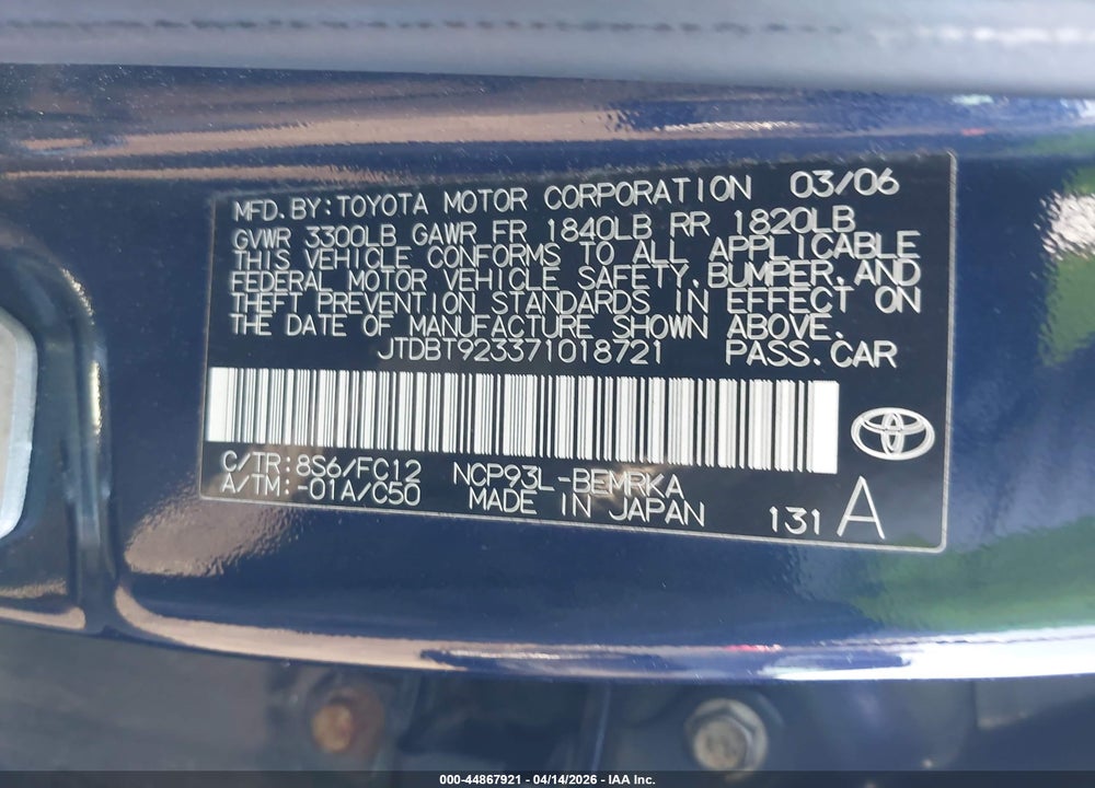 2007 TOYOTA YARIS VIN: JTDBT923371018721