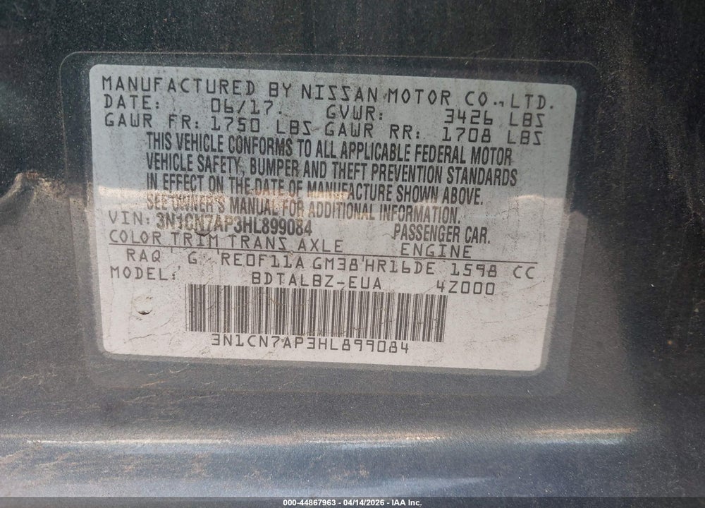 2017 NISSAN VERSA 1.6 SV VIN: 3N1CN7AP3HL899084