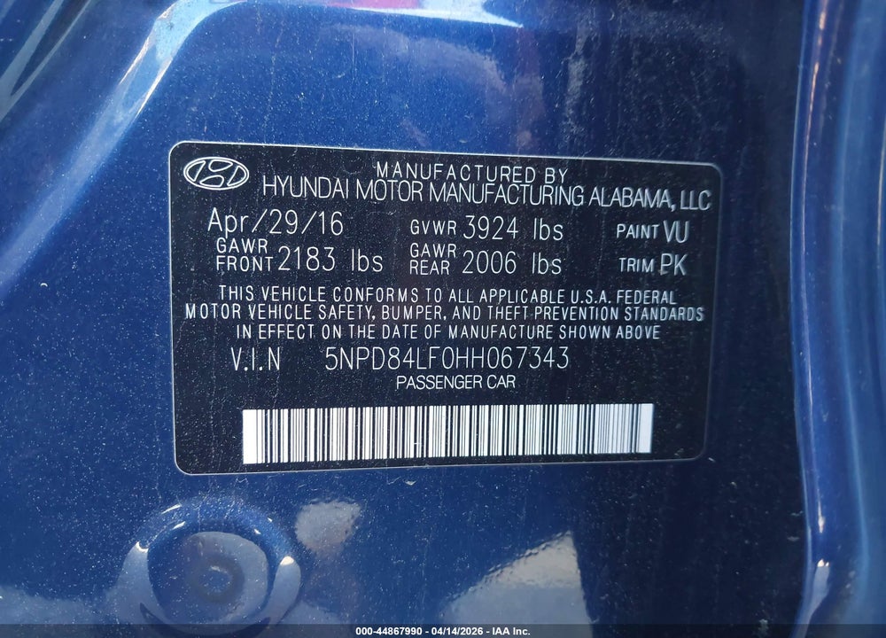 2017 HYUNDAI ELANTRA SE VIN: 5NPD84LF0HH067343