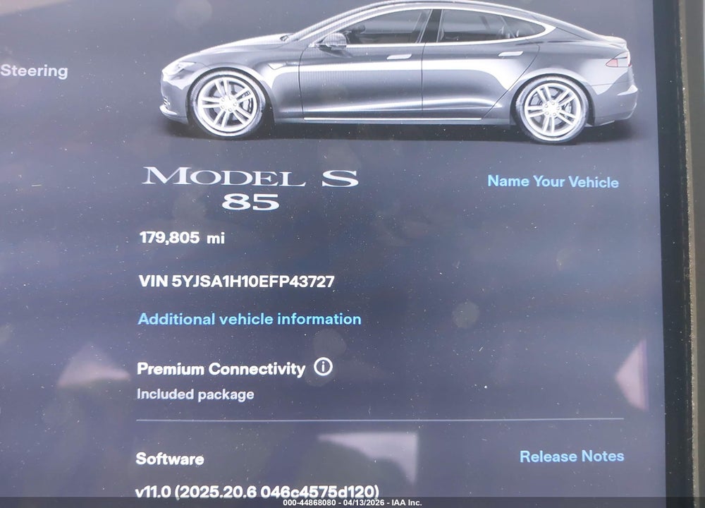 2014 TESLA MODEL S P85 VIN: 5YJSA1H10EFP43727